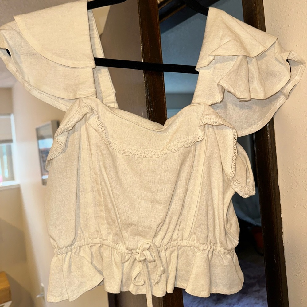 BP Cream Linen Ruffle Blouse